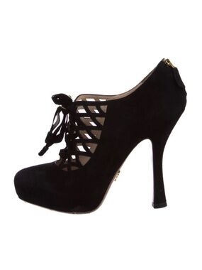 Prada Black Suede Caged Lace-Up Spool Heel Pumps 37